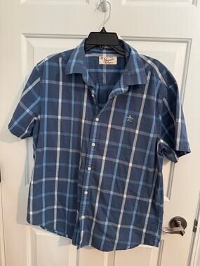 Original Penguin by Munsingwear Short Sleeve Button Down Plaid Blue White XL